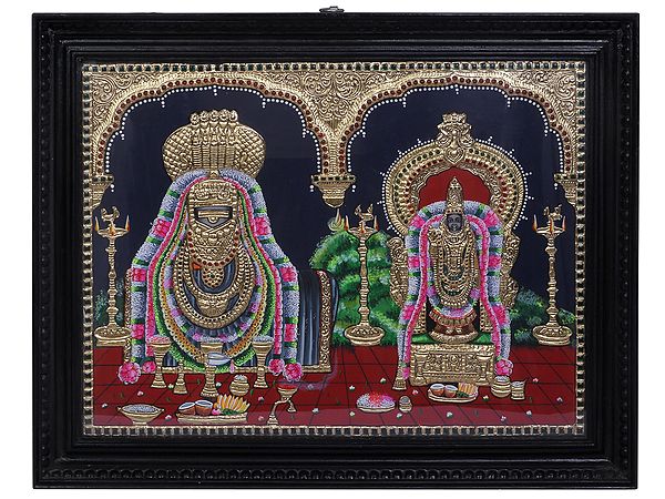 Lord Annamalai with Goddess Unnamalai | Traditional Colors With 24K Gold | Teakwood Frame | Gold & Wood | Handmade