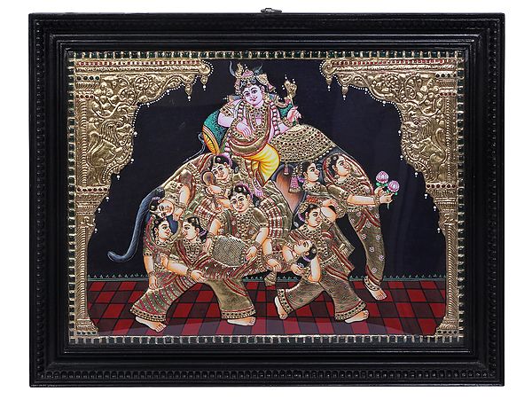 Lord Krishna Seated on Elephant | Traditional Colors With 24K Gold | Teakwood Frame | Gold & Wood | Handmade