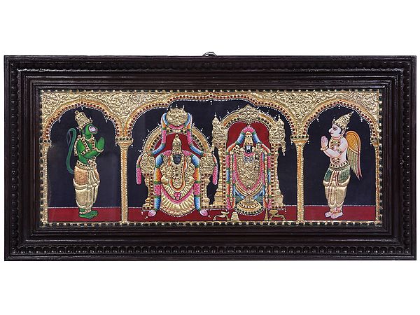 Lord Balaji with Goddess Padmavati Tanjore Painting | Traditional Colors With 24K Gold | Teakwood Frame | Handmade