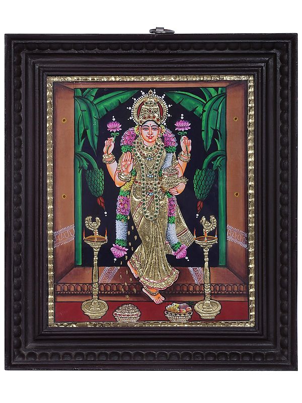 Standing Goddess Lakshmi Tanjore Painting | Traditional Colors With 24K Gold | Teakwood Frame | Handmade