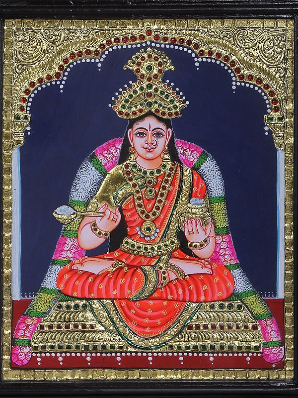 Goddess Annapurna | Traditional Colors With 24K Gold | Teakwood Frame |  Gold & Wood | Handmade | Exotic India Art
