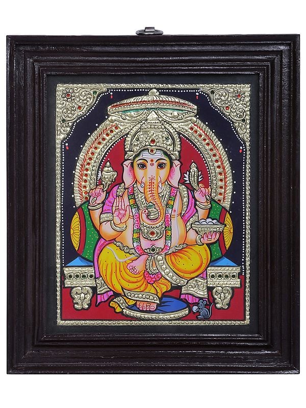 Lord Ganesha Seated on Singhasan | Traditional Colors With 24K Gold | Teakwood Frame | Gold & Wood | Handmade