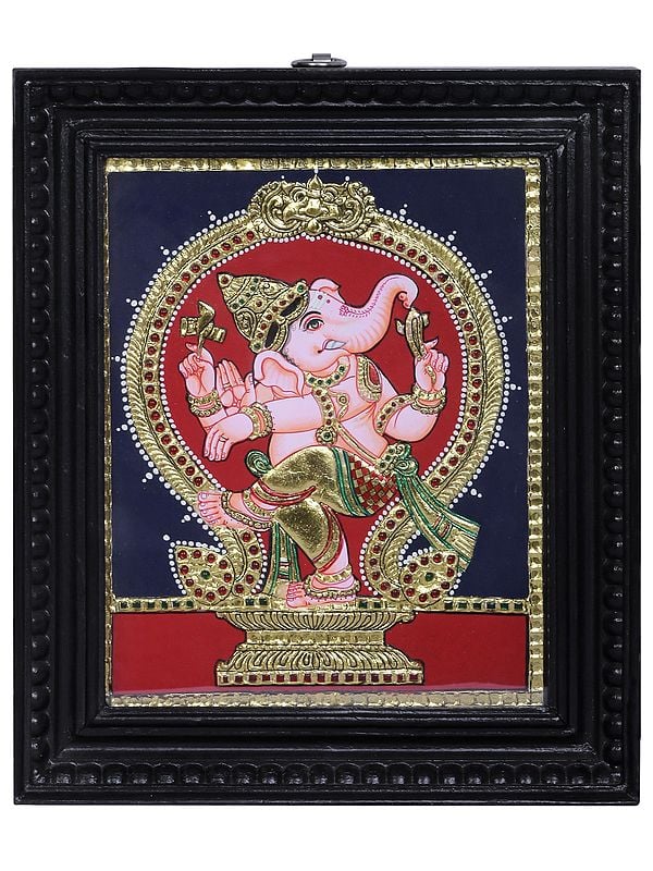Dancing Lord Ganesha Tanjore Painting | Traditional Colors With 24K Gold | Teakwood Frame | Handmade