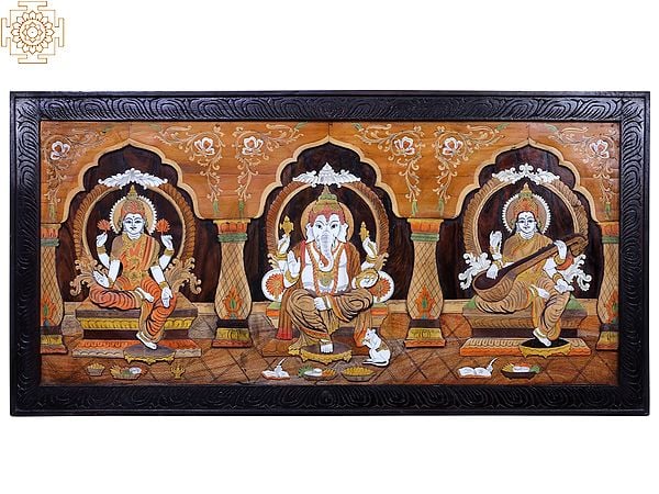 Lord Ganesha with Goddess Lakshmi and Saraswati | Mysore Painting