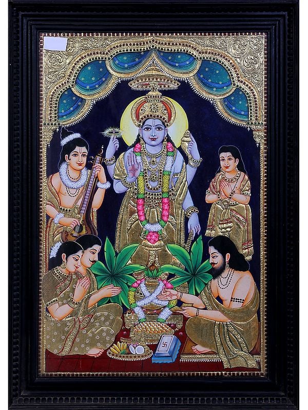 Shree Vishnu in Satya Narayan Swaroop | Traditional Colors With 24K Gold | Teakwood Frame