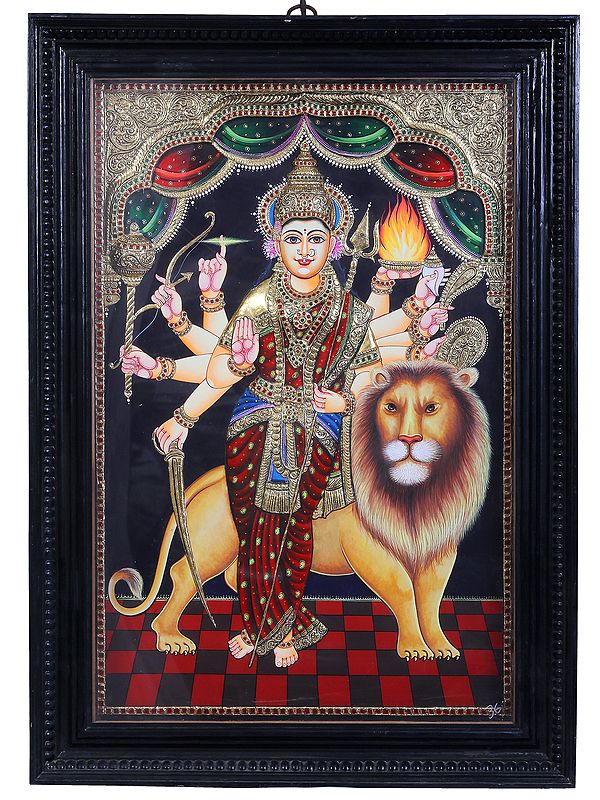 Goddess Durga with Lion | Traditional Colors With 24K Gold | Teakwood Frame