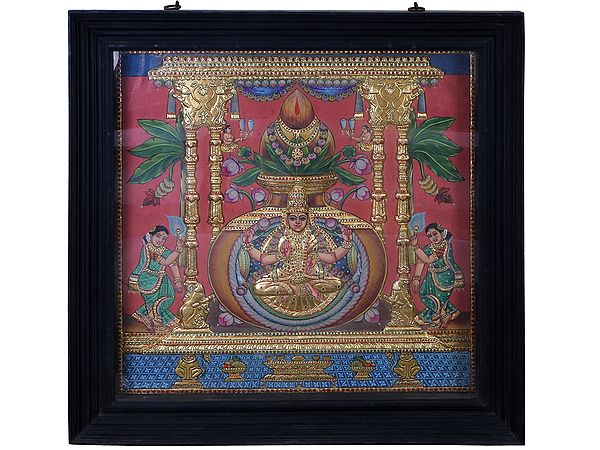 Goddess Lakshmi (Varalakshmi) | Traditional Colors With 24K Gold | Teakwood Frame