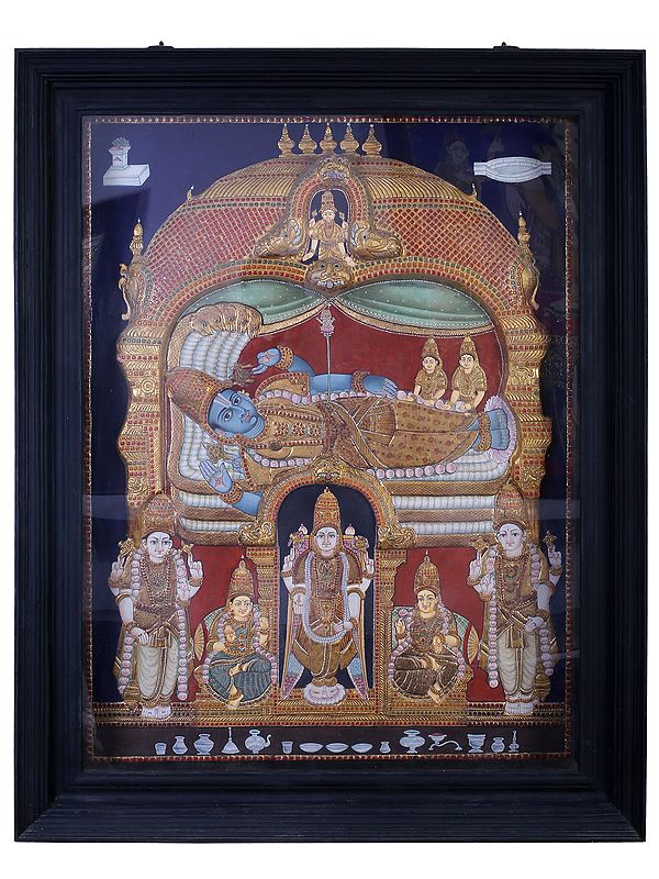 Lord Vishnu Resting on Sheshnag | Traditional Colors With 24K Gold | Teakwood Frame