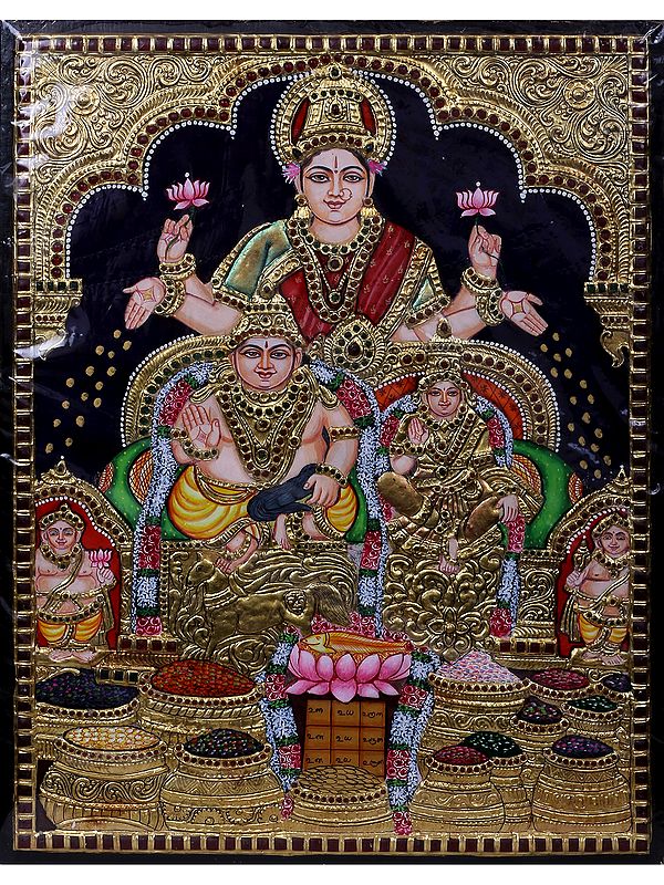 Lord Kubera and Bhadra with Goddess Lakshmi | Traditional Colors With 24K Gold Tanjore Painting with Frame | Handmade