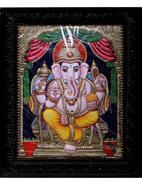 Sitting Lord Ganesha Tanjore Painting with Teakwood Frame | Traditional Colors With 24K Gold | Handmade