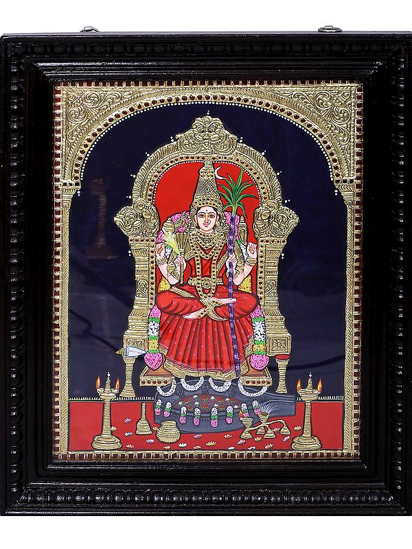 Goddess Rajarajeshwari Tanjore Painting | Traditional Colors With 24K Gold | Teakwood Frame | Gold & Wood