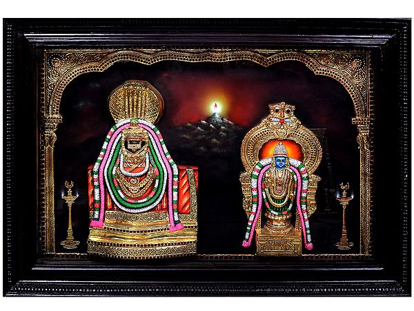 Shiva Parvati | Traditional Colors With 24K Gold | Teakwood Frame | Gold & Wood