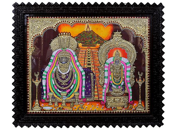 Tirupati Balaji with Devi Padmavathi Tanjore Painting | Traditional Colors With 24K Gold | Teakwood Frame | Gold & Wood