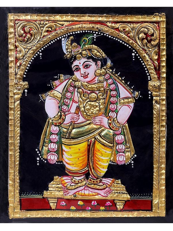 Standing Lord Krishna | Traditional Colors with 24 Karat Gold | With Frame
