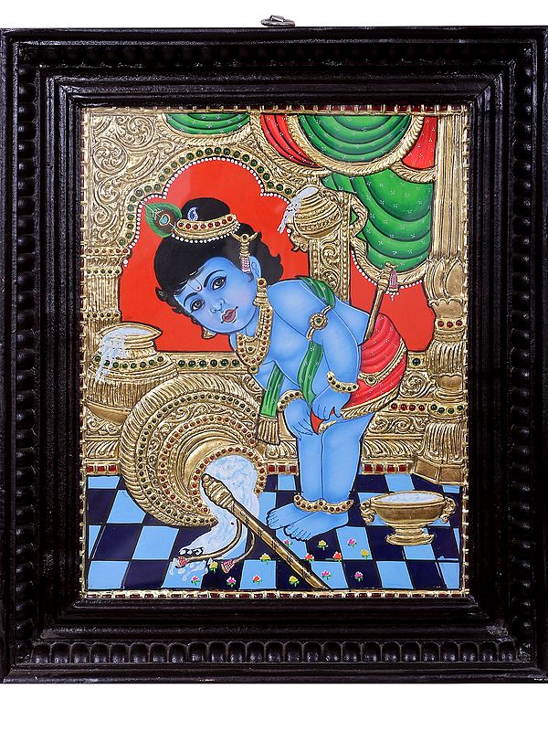 Butter Krishna Tanjore Art with Frame | Traditional Colors with 24 Karat Gold