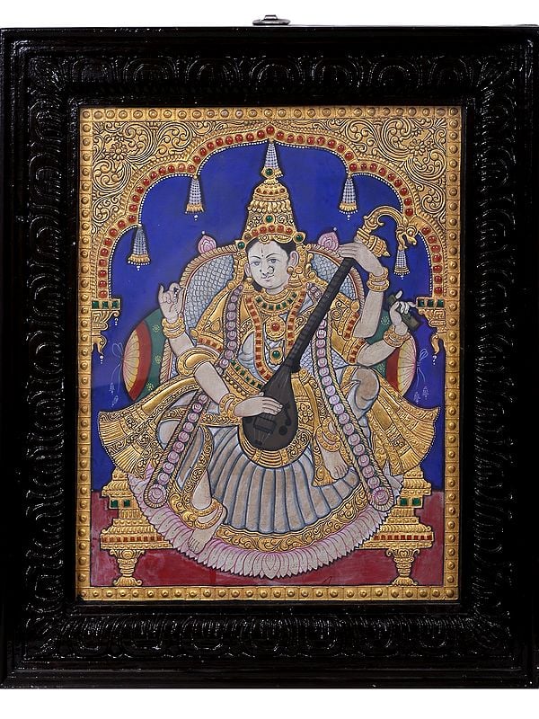 Devi Saraswati Seated on Throne | Traditional Colors with 24 Karat Gold | Tanjore Painting with Frame