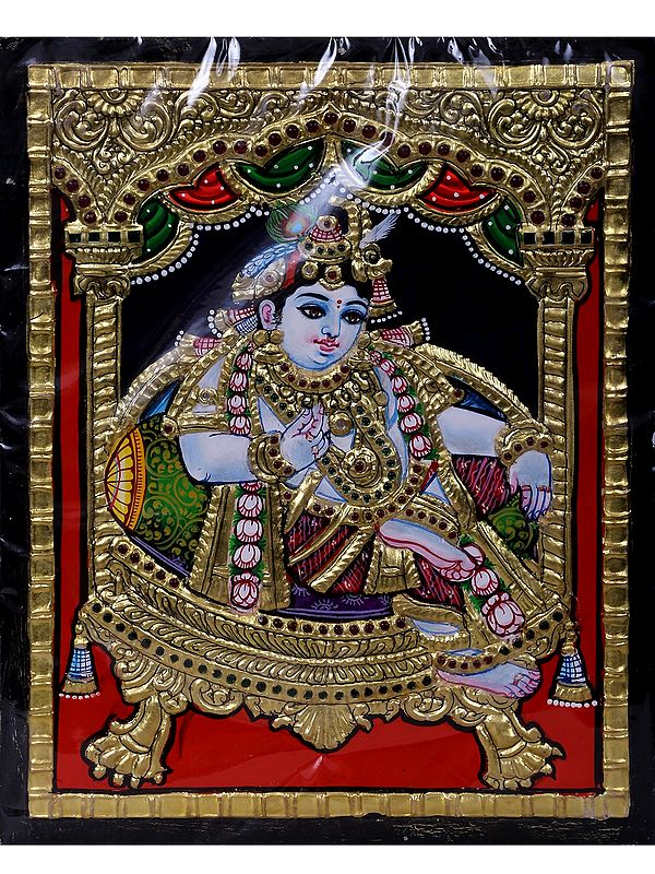 Sitting Lord Krishna Tanjore Painting with Frame | Traditional Colors with 24 Karat Gold