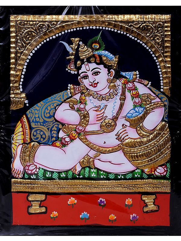 Butter Krishna | Traditional Colors with 24 Karat Gold | With Frame