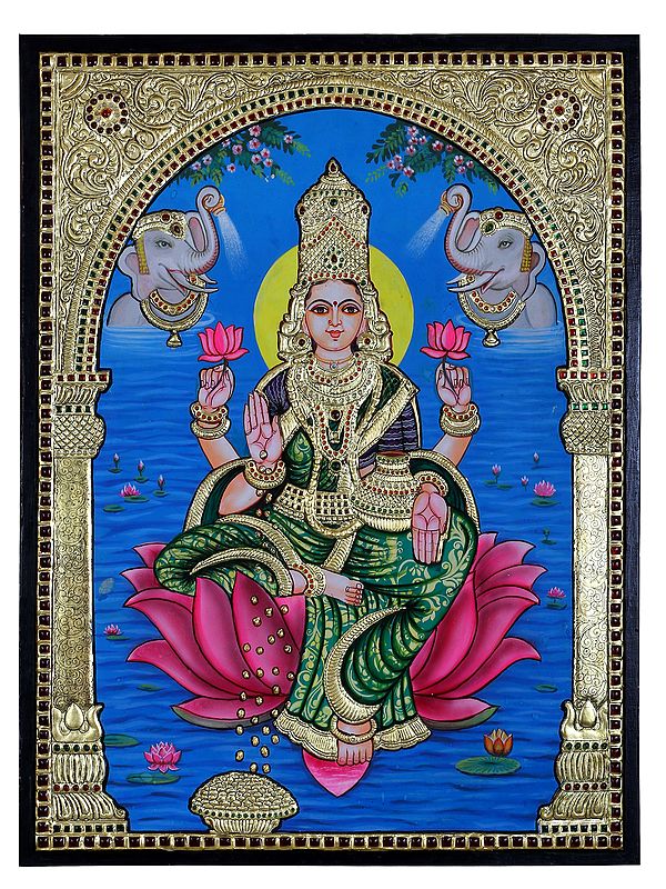 Goddess Gajalakshmi Seated on Lotus Tanjore Painting | Traditional Colors with 24 Karat Gold | With Frame