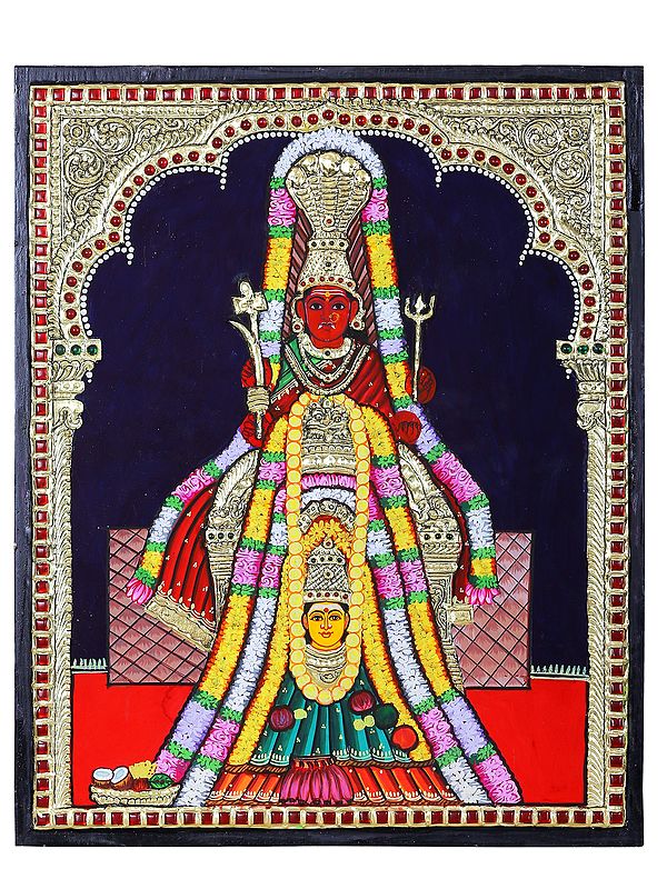 Goddess Parvati (Kulatheiyam) with Sheshnag Crown Tanjore Painting | Traditional Colors with 24 Karat Gold l With Frame