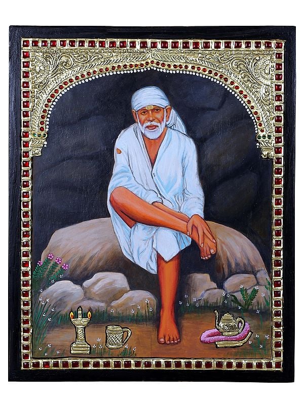 Lord Sai Baba Seated on Rock Tanjore Painting l Traditional Colors with 24 Karat Gold l With Frame