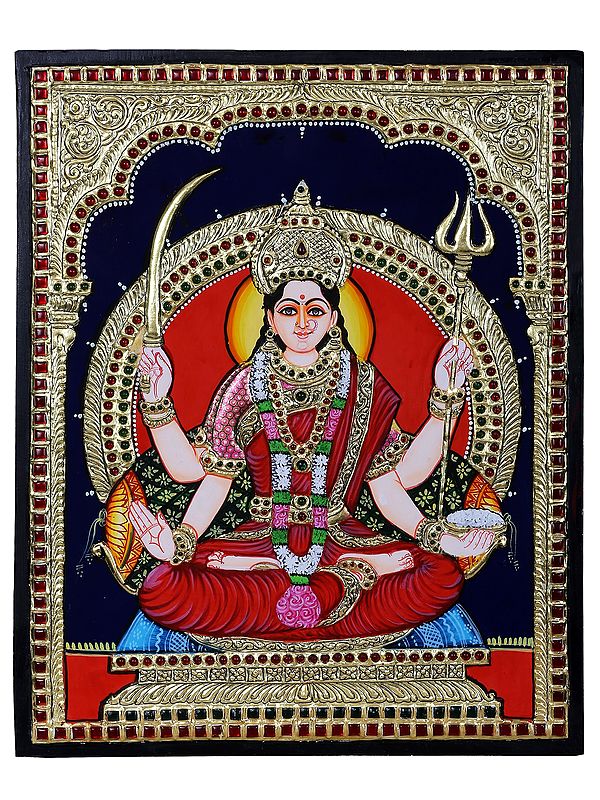 Goddess Santoshi Seated on Pedestal Tanjore Painting l Traditional Colors with 24 Karat Gold l With Frame