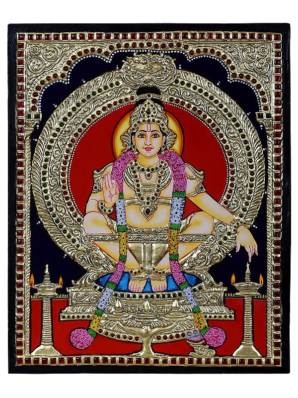 Lord Ayyappan Seated on Pedestal Tanjore Painting | Traditional Colors with 24 Karat Gold l With Frame
