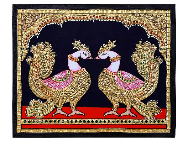 Pair of Peacock (Annam) Tanjore Painting l Traditional Colors with 24 Karat Gold l With Frame