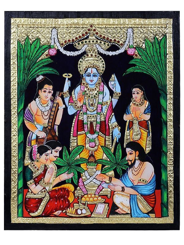 Shri Hari Satyanarayan Katha Tanjore Painting | Traditional Colors with 24 Karat Gold l With Frame