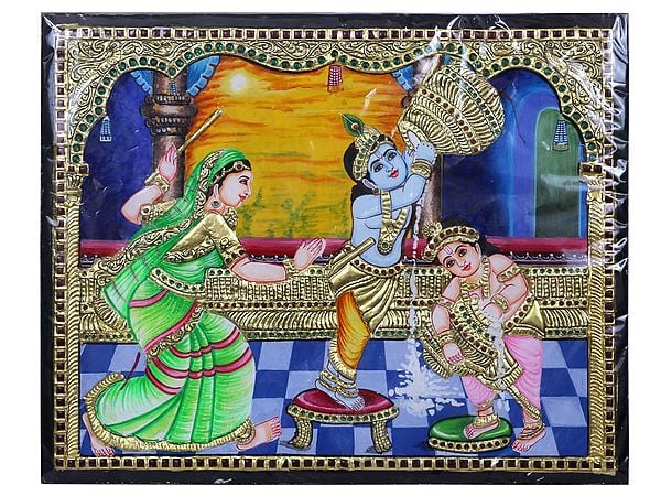 Lord Krishna Stealing Makhan Tanjore Painting | Traditional Colors with 24 Karat Gold l With Frame