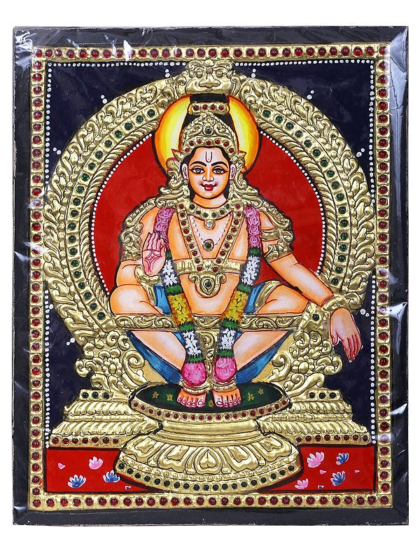 Lord Ayyappan with Kirtimukha Tanjore Painting with Frame | Traditional Colors with 24 Karat Gold