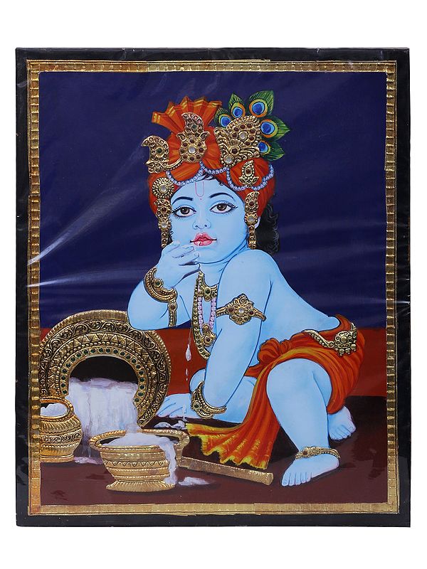 Stealing Makhan Baal Krishna Tanjore Painting | Traditional Colors with 24 Karat Gold | With Frame