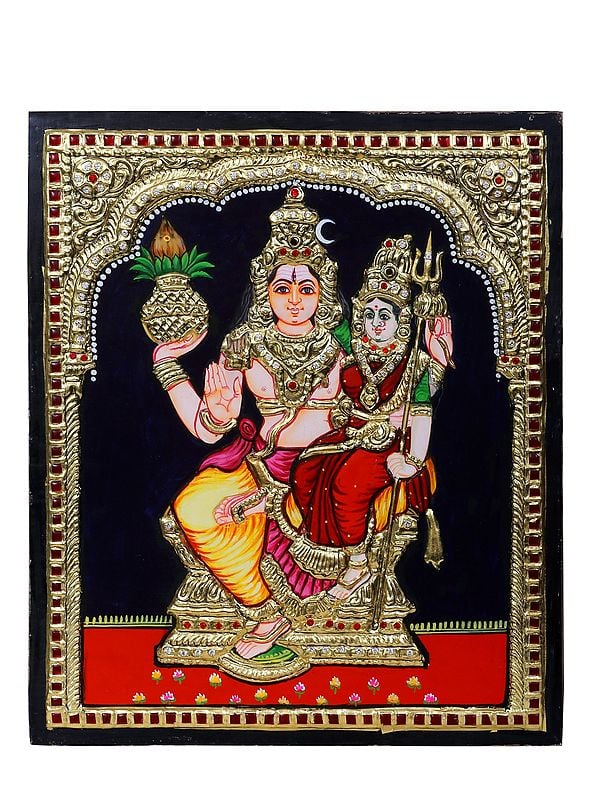Lord Shiva With Goddess Parvati Seated on Throne Tanjore Painting l Traditional Colors with 24 Karat Gold l With Frame