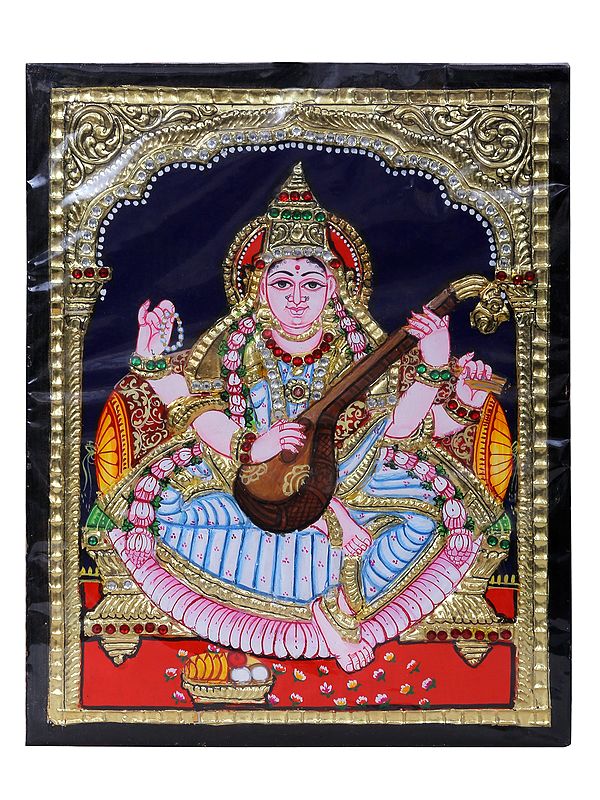 Saraswati - Goddess of Knowledge Tanjore Painting | Traditional Colors with 24 Karat Gold | With Frame