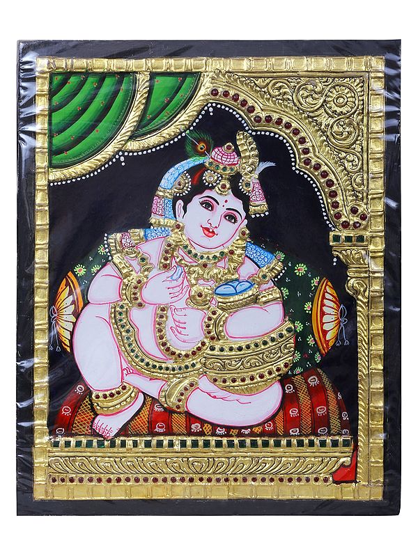 Butter Krishna Tanjore Painting | Traditional Colors with 24 Karat Gold | With Frame