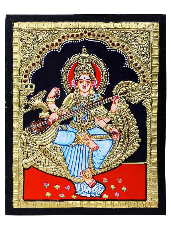 Devi Saraswati Seated on Peacock Tanjore Painting | Traditional Colors with 24 Karat Gold | With Frame