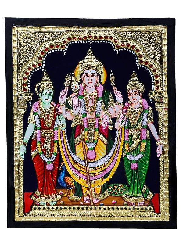 Lord Kartikeya with Devasena & Valli Tanjore Painting | Traditional Colors with 24 Karat Gold | With Frame