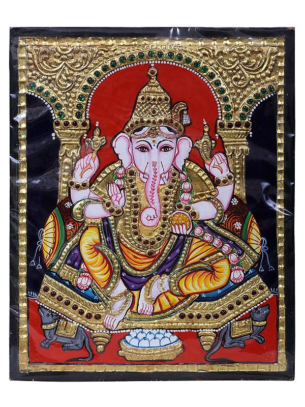 Lord Ganpati - God of Wisdom Tanjore Painting | Traditional Colors with 24 Karat Gold | With Frame