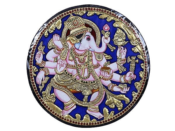 Round Ganesha with Eight Hand Tanjore Painting l Traditional Colors with 24 Karat Gold l With Frame