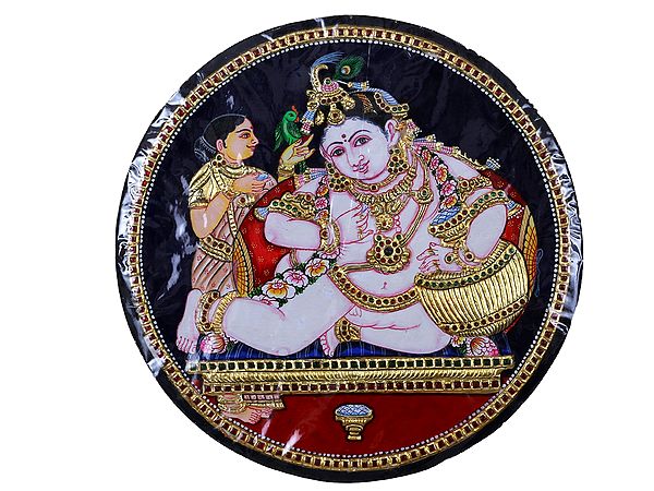 Navneeta Krishna on a Round Canvas Tanjore Painting | Traditional Colors with 24 Karat Gold | With Frame