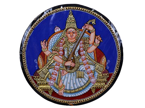 Tanjore Painting of Goddess Saraswati on a Round Canvas | Traditional Colors with 24 Karat Gold | With Frame