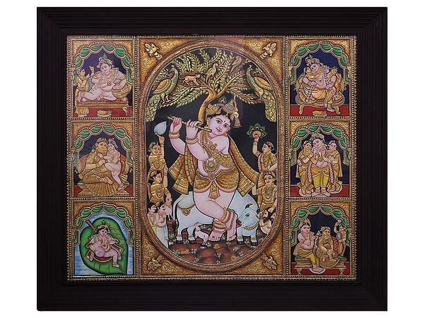 Lord Krishna with Yashodya Maya & Wifes Tanjore Painting With Frame