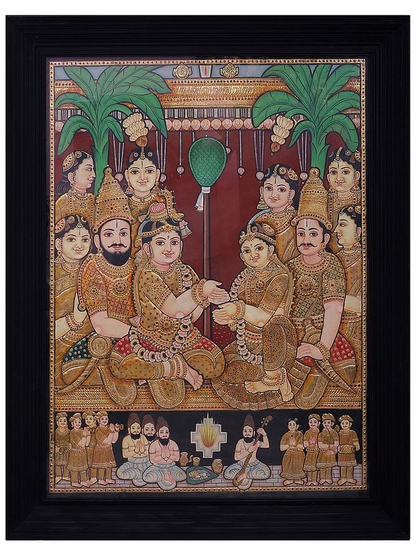 Lord Shri Krishna Marriage with Rukmini Tanjore Painting l Traditional Colors with 24 Karat Gold  l With Frame