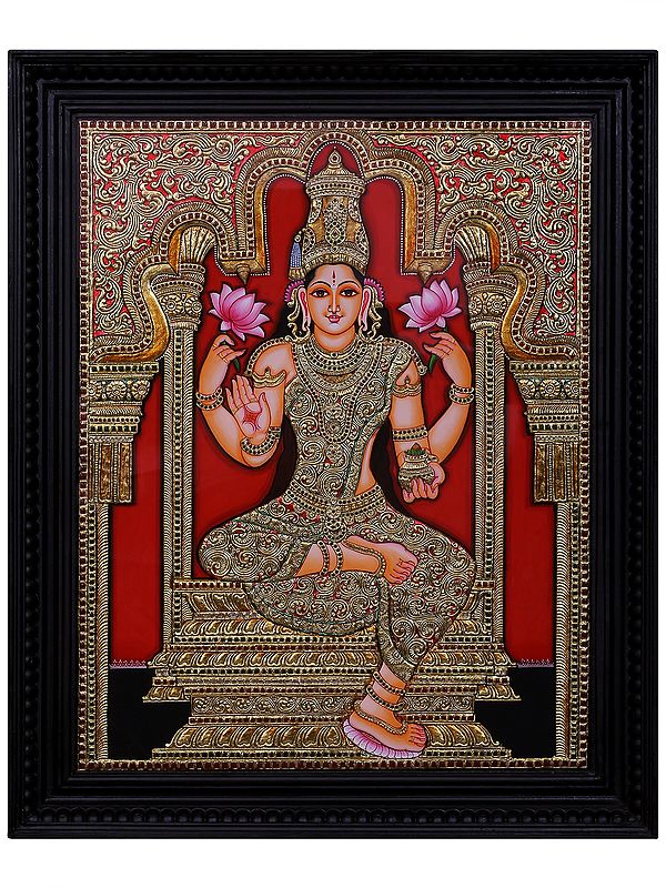 Blessing Goddess Lakshmi Tanjore Painting with Frame | Traditional Colors with 24 Karat Gold