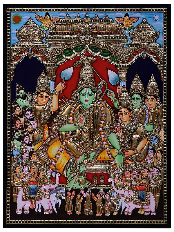 Lord Ram Pattabhishekam Tanjore Painting l Traditional Colors with 24 Karat Gold  l With Frame