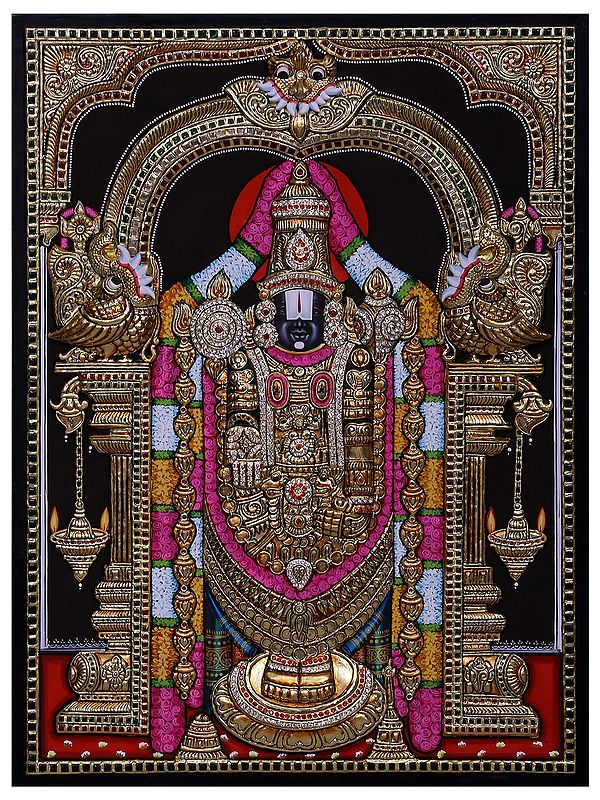 Lord Tirupati Balaji Tanjore Painting with Frame | Traditional Colors with 24 Karat Gold