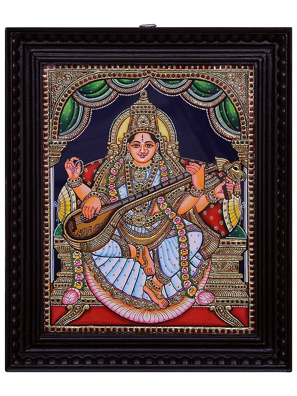 Goddess Saraswati Seated on Pedestal Tanjore Painting | Traditional Colors with 24 Karat Gold | With Frame