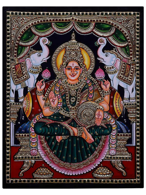 Gajalakshmi: The Form of Goddess Lakshmi Tanjore Painting | Traditional Colors with 24 Karat Gold | With Frame