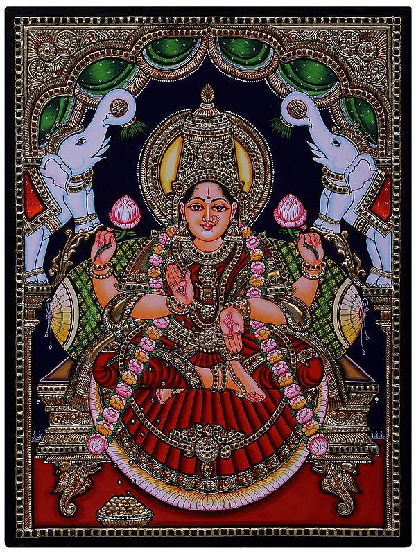 Four Hand Goddess Gajalakshmi Tanjore Painting l Traditional Colors with 24 Karat Gold  l With Frame