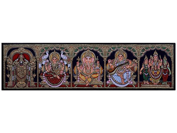 Lord Ganesha with Gods in One Painting Tanjore Painting l Traditional Colors with 24 Karat Gold  l With Frame